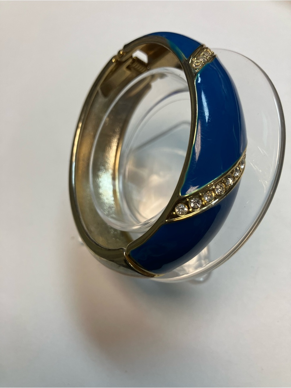 Blue Enamel and Crystal Gold-Tone Hinged Bangle Bracelet